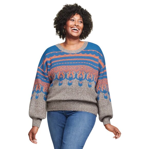 Monroe & Main Vickie Sweater Aztec Fair Isle Pullover Teal Orange Gray Size XL - Picture 1 of 6